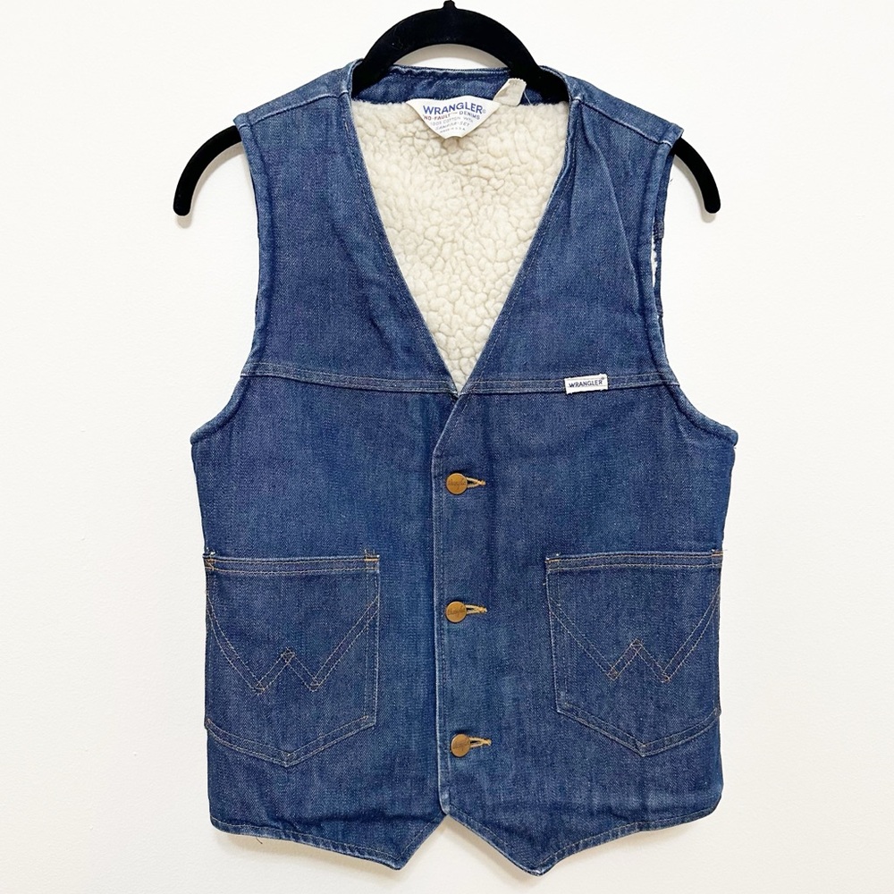 VTG Wrangler No Fault Sherpa Lined Denim Button Down Vest Small western cowgirl